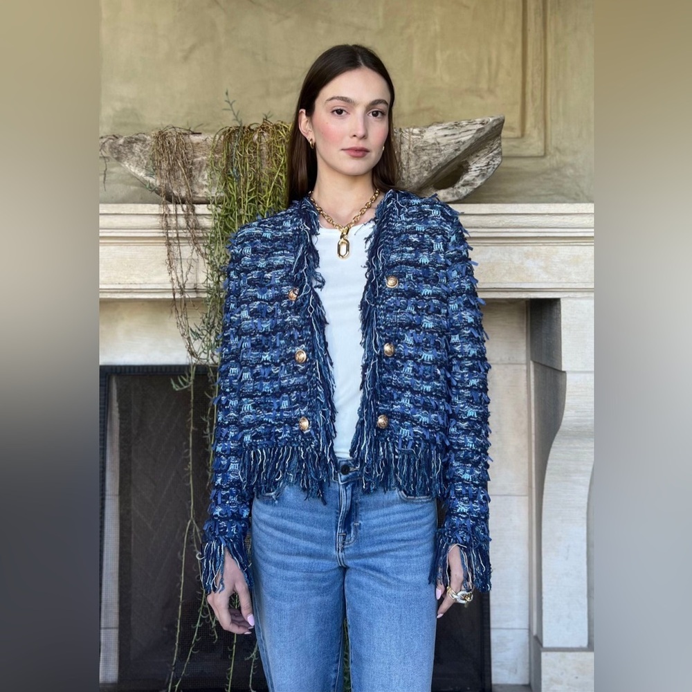 Benaar Khloe Fringe Tweed Jacket | Blue | Open Front | Size S